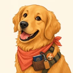 Scout, the Furry Guardian golden retriever, stands with a passport in a harness pocket and a sticker-covered suitcase.