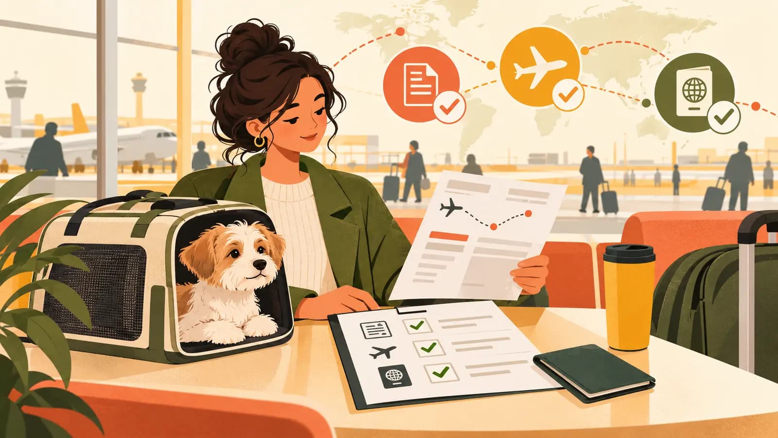 Traveler checking a pet carrier, itinerary and documents before a Copa international flight