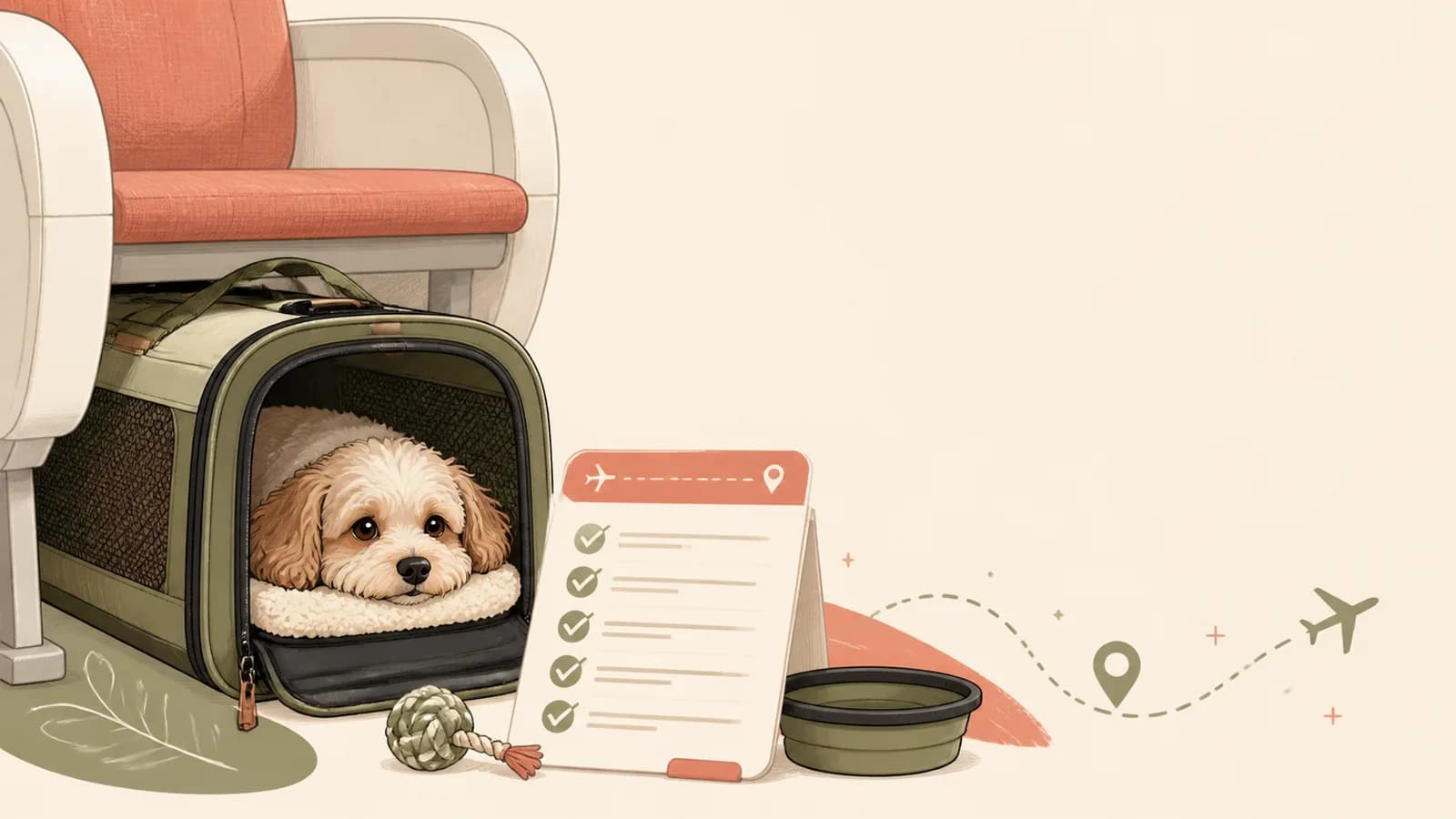 Delta pet travel checklist beside a kennel and an airplane route