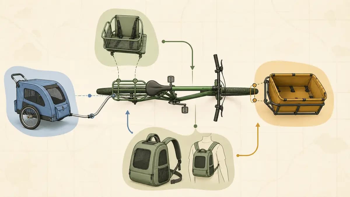 Decision diagram showing four dog carrier formats connected to a bicycle