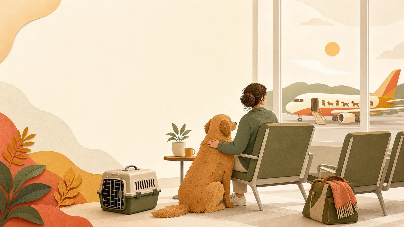 Large dog and owner comparing an under-seat carrier with a dog-friendly flight option at an airport