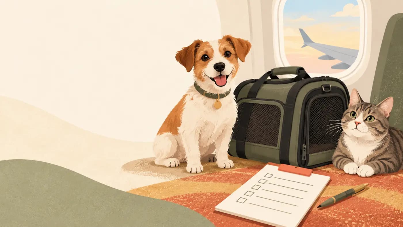 Dog and cat beside a closed carrier, blank checklist, and aircraft cabin