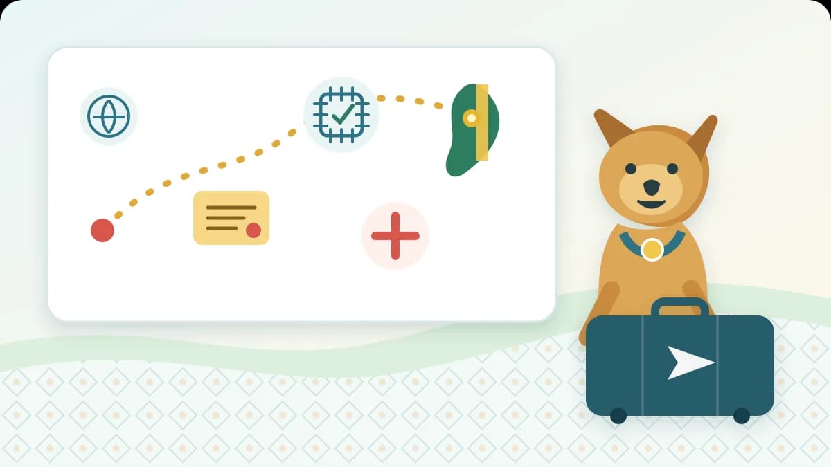 Dog beside a Portugal route map with passport, microchip, rabies record and airline checkpoints