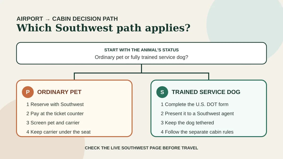 Decision path separating Southwest pet carrier checkpoints from the trained service dog process