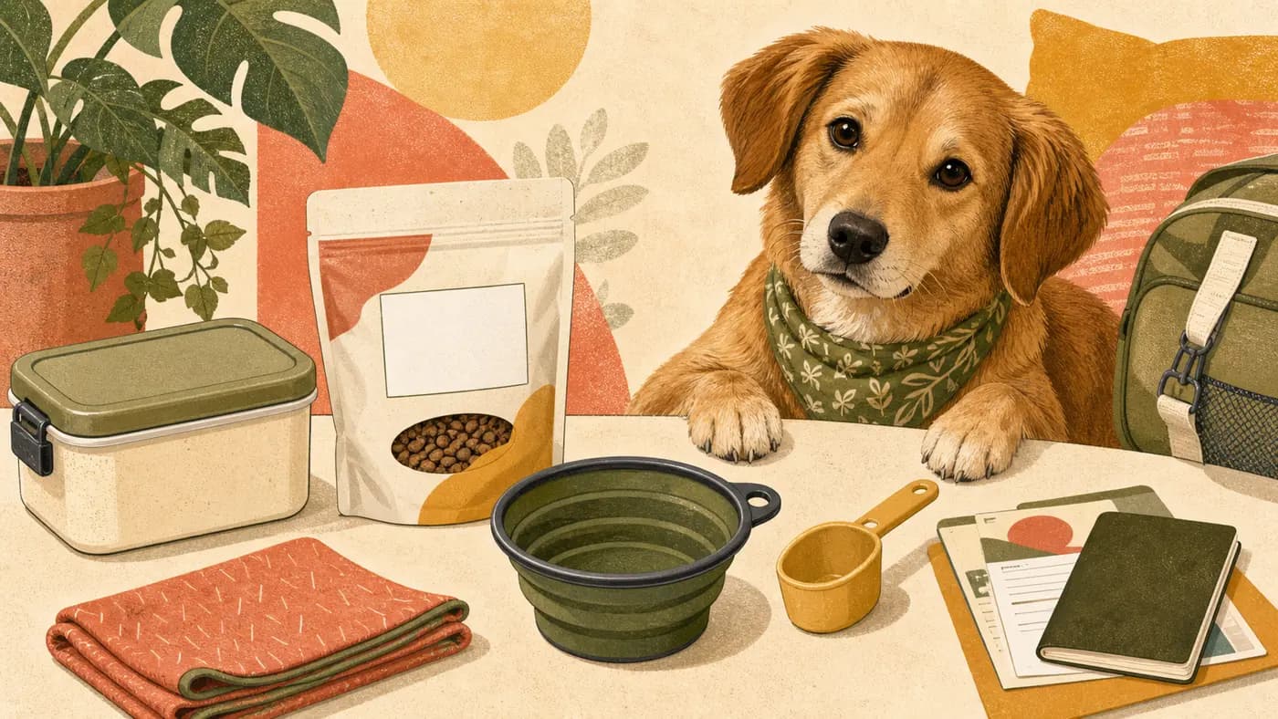 Travel dog food kit with container, labeled pouch, bowl and documents