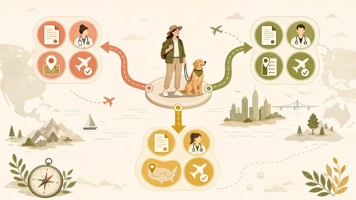 Dog beside a route map linking domestic, export, import, veterinarian, and airline travel checks