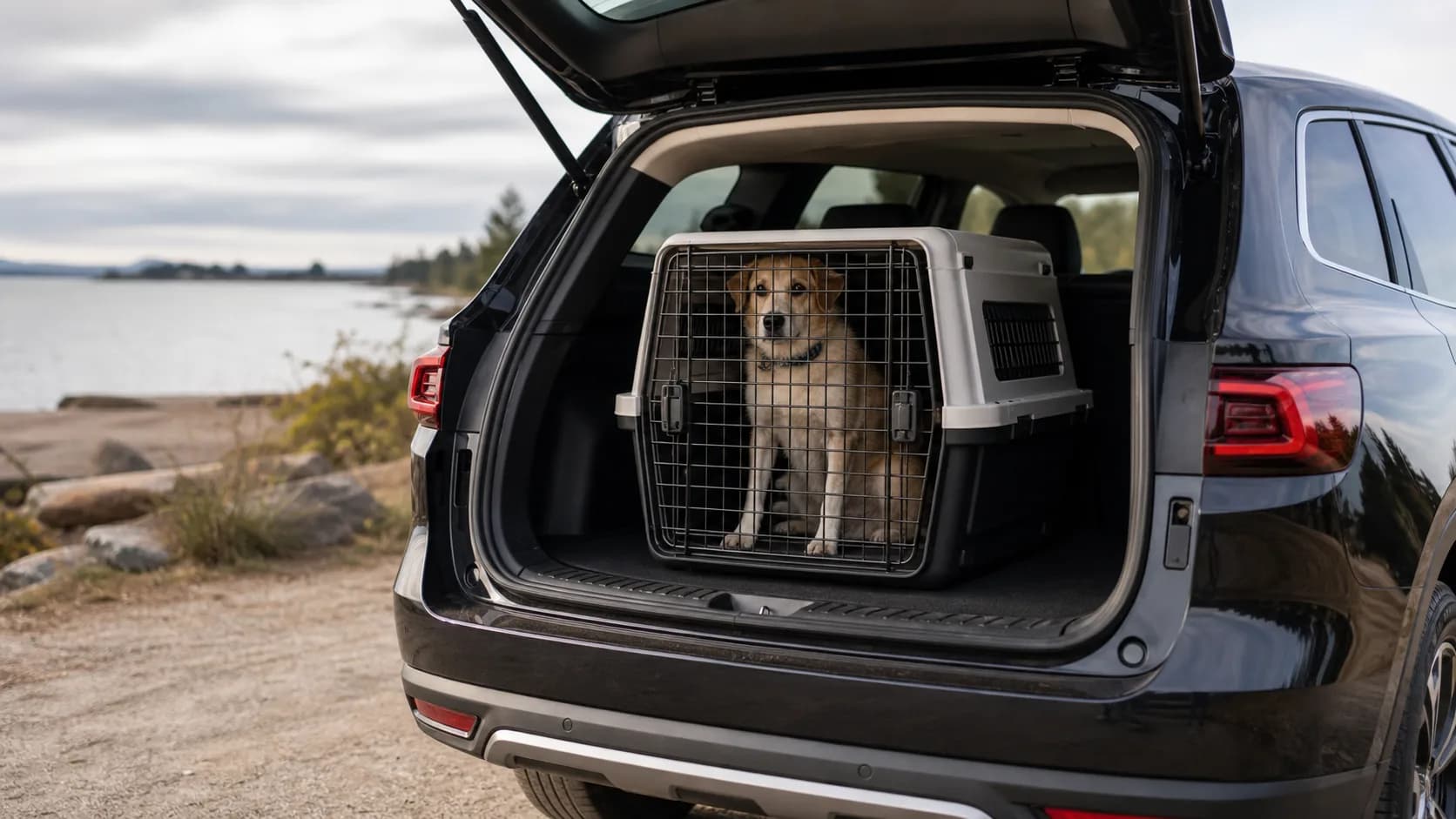 Travel crate resting in a vehicle cargo area