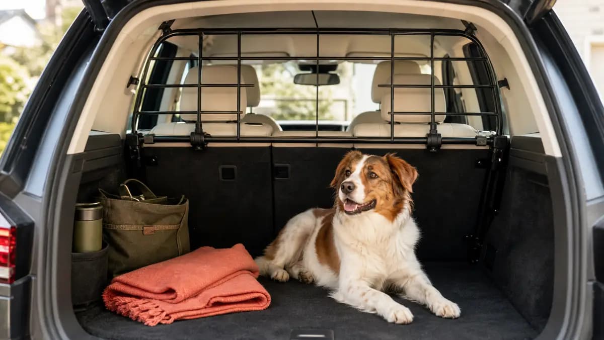Dog barrier fitted between an SUV cargo area and passenger cabin