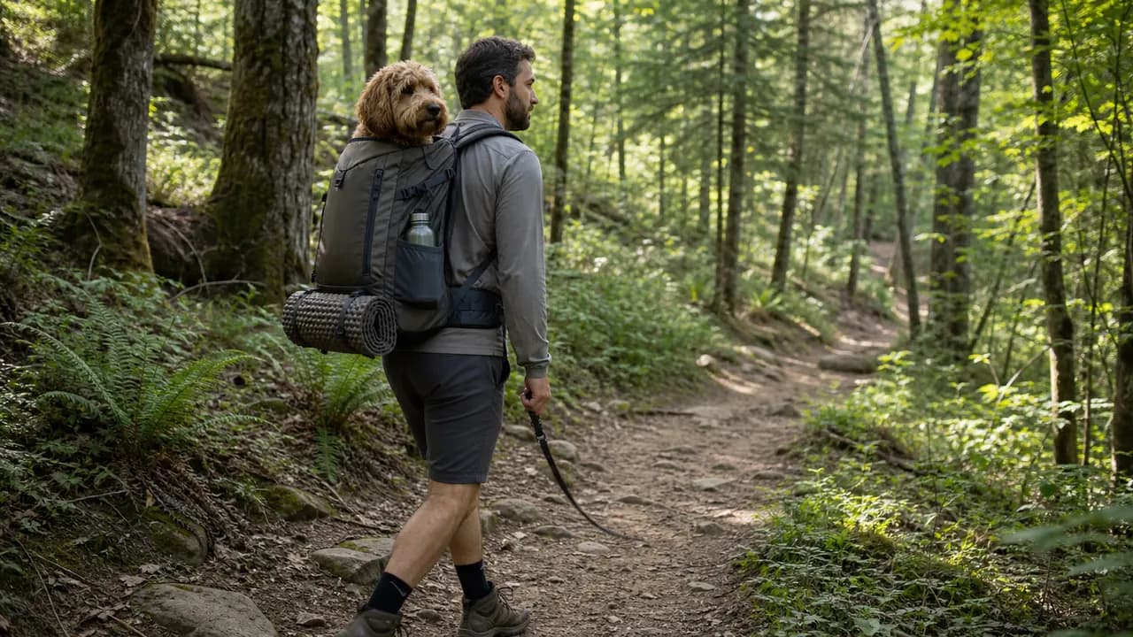 Dog carrier for hiking with fit and trail safety gear
