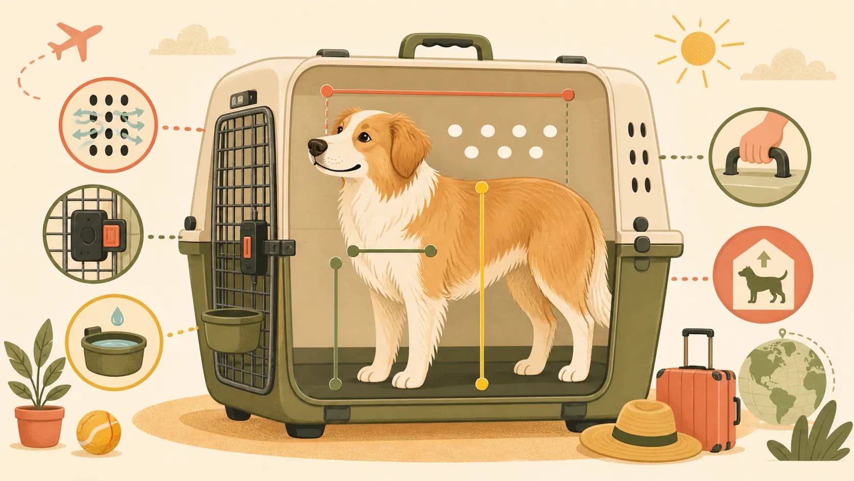 Dog standing naturally inside a hard-sided air travel crate