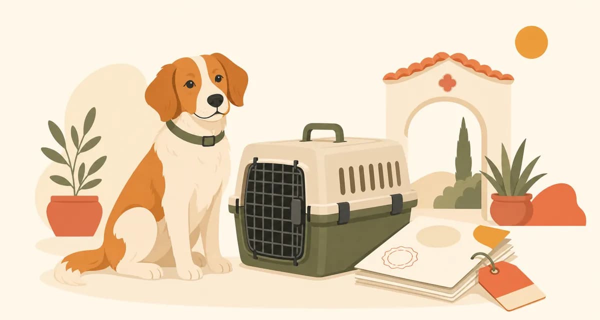 Dog beside a travel crate with Spanish entry documents and travel tags