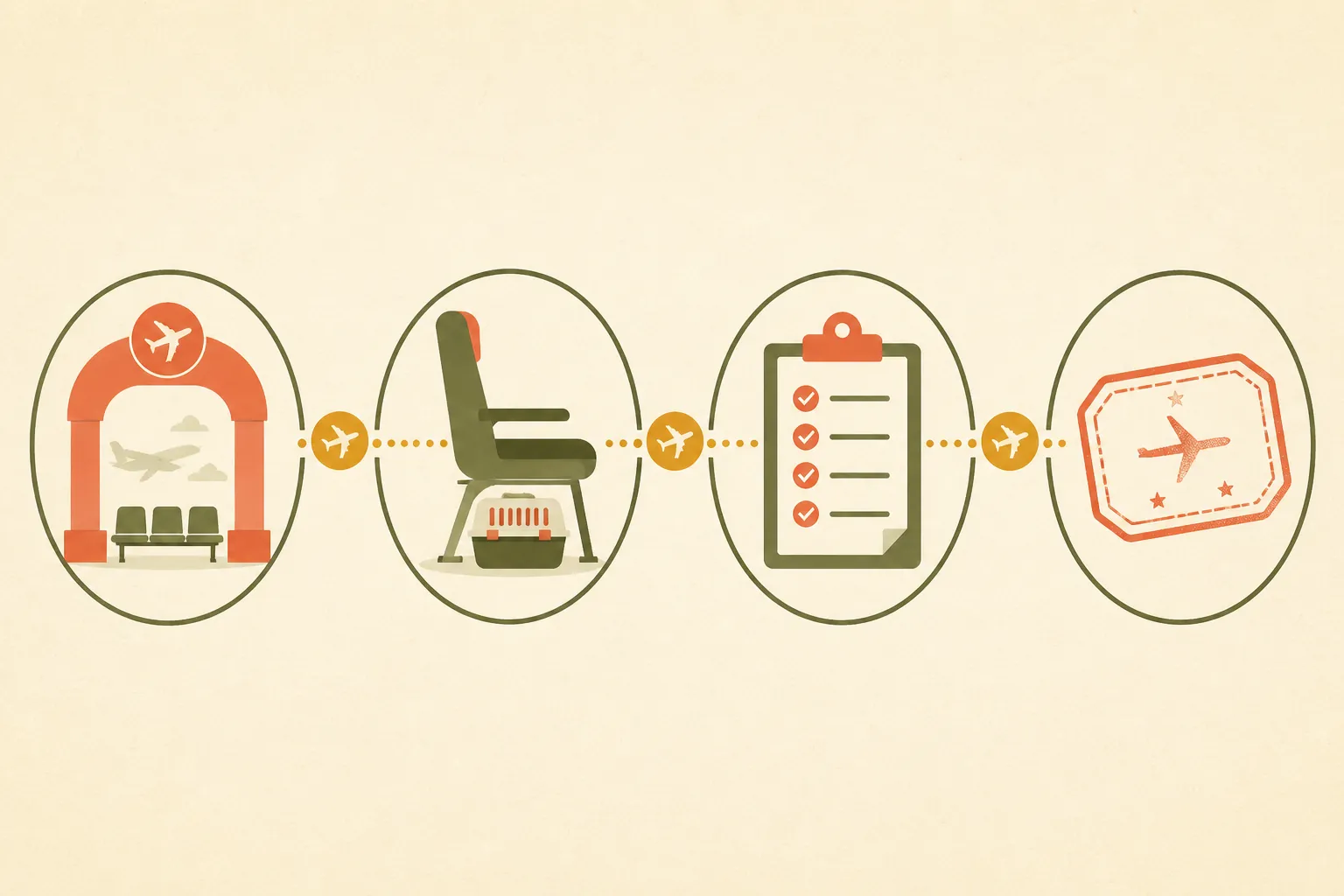 Decision map for checking a pet, carrier, route, documents, and booking before a flight