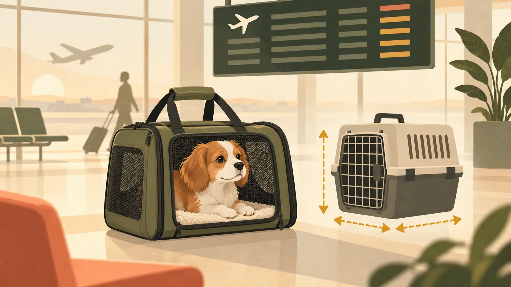 Traveler checking a pet carrier and documents for a LOT Polish Airlines flight