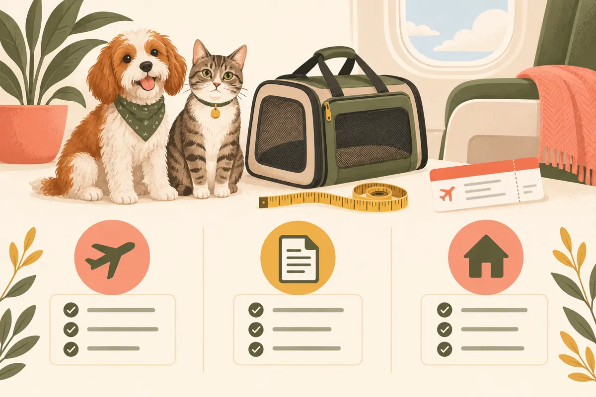 Decision map for checking a pet, carrier, flight, documents, and booking before a United trip