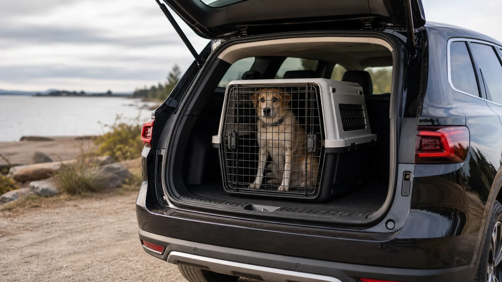 Travel crate resting in a vehicle cargo area